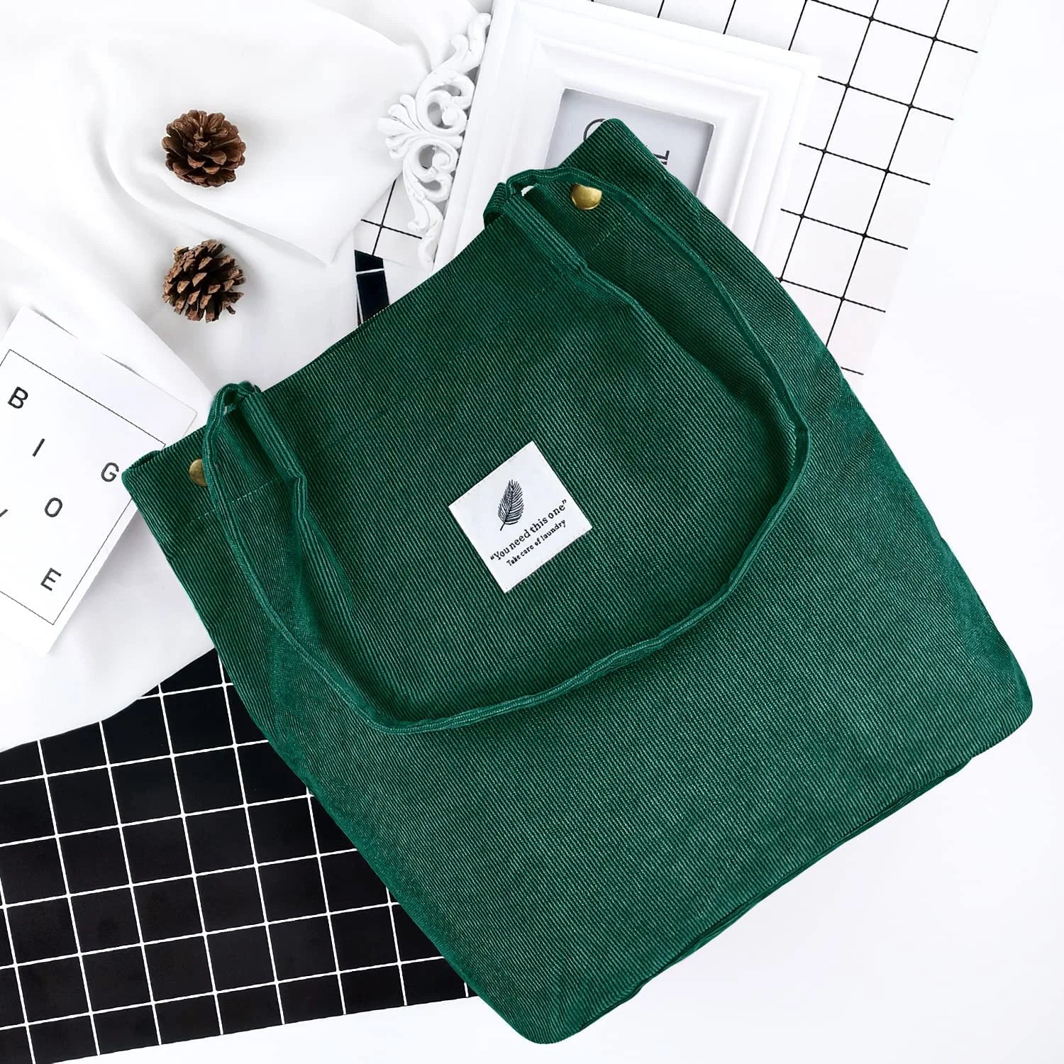 Corduroy Tote Bag Large for Women Girl Lady Canvas Shoulder Cord Purse and Handbags with Inner Pocket (Retro Flower)