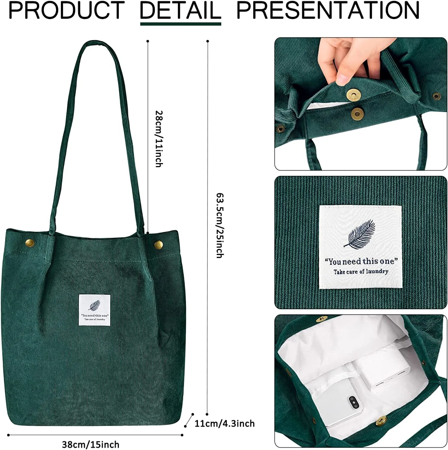 Corduroy Tote Bag Large for Women Girl Lady Canvas Shoulder Cord Purse and Handbags with Inner Pocket (Retro Flower)