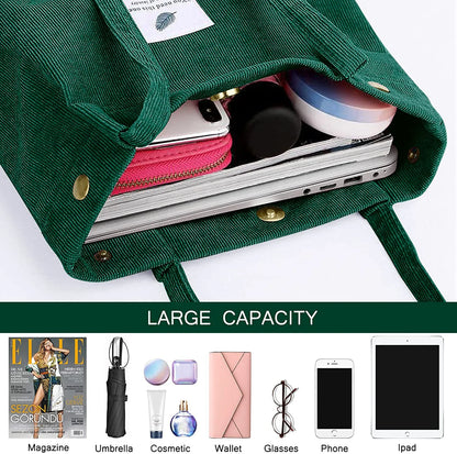 Corduroy Tote Bag Large for Women Girl Lady Canvas Shoulder Cord Purse and Handbags with Inner Pocket (Retro Flower)