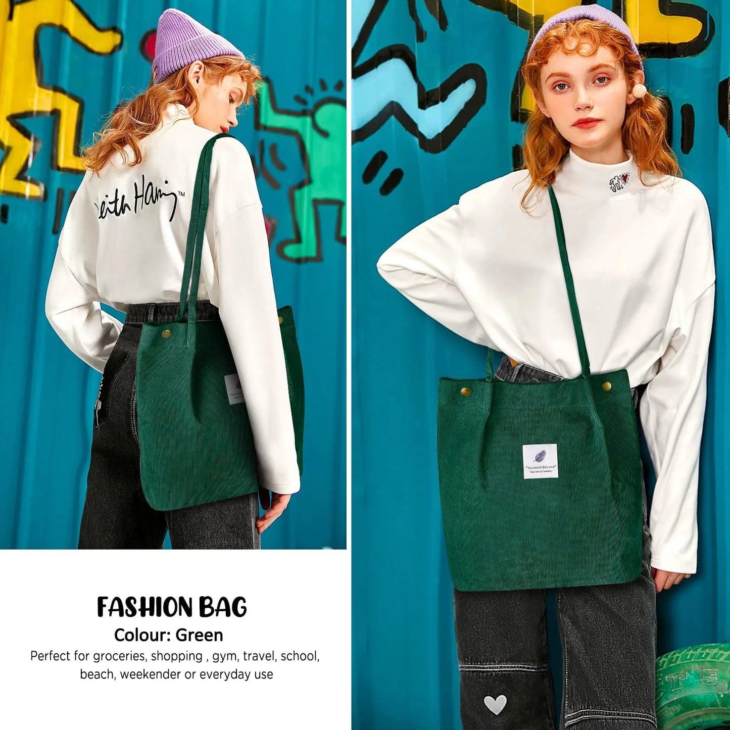 Corduroy Tote Bag Large for Women Girl Lady Canvas Shoulder Cord Purse and Handbags with Inner Pocket (Retro Flower)