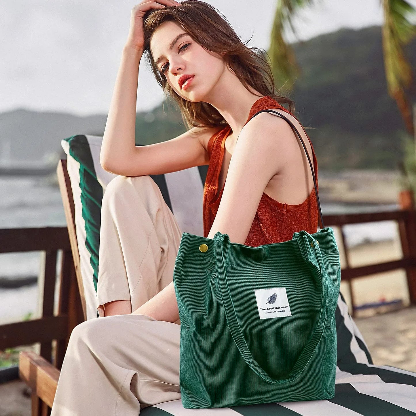 Corduroy Tote Bag Large for Women Girl Lady Canvas Shoulder Cord Purse and Handbags with Inner Pocket (Retro Flower)